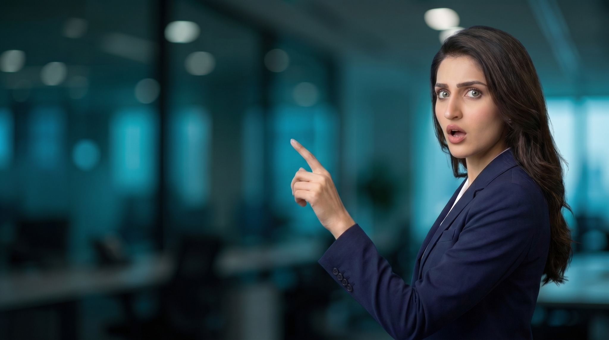 Professional career advisor reacting with surprise while pointing toward an opportunity